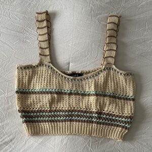 Cream Knit Crop Tank with Brown & Aqua Stripes